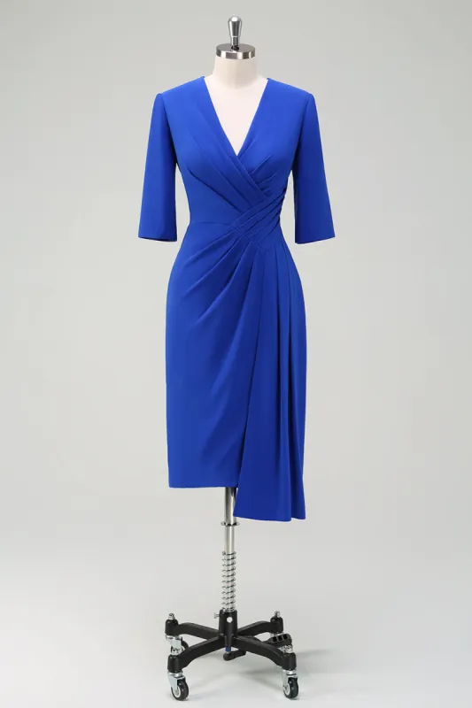 Royal Blue V-Neck Pleated Bodycon Cocktail Party Dress sold by Zapaka