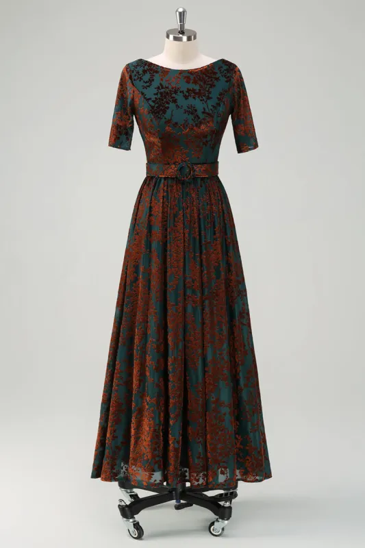 Dark Green Floral Velvet Mother of Bride Dress With Belt sold by Zapaka