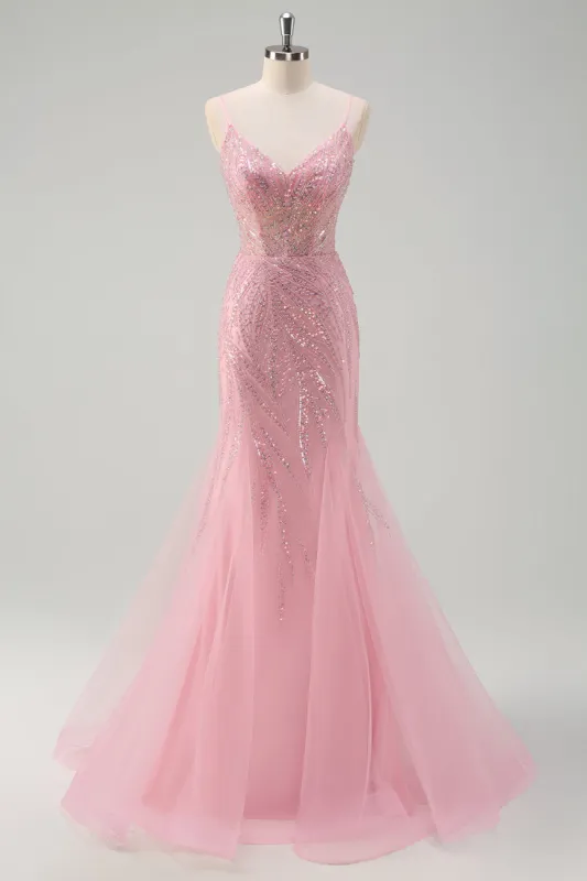 Sparkly Pink Mermaid Spaghetti Straps Sequins Long Corset Prom Dress sold by Zapaka