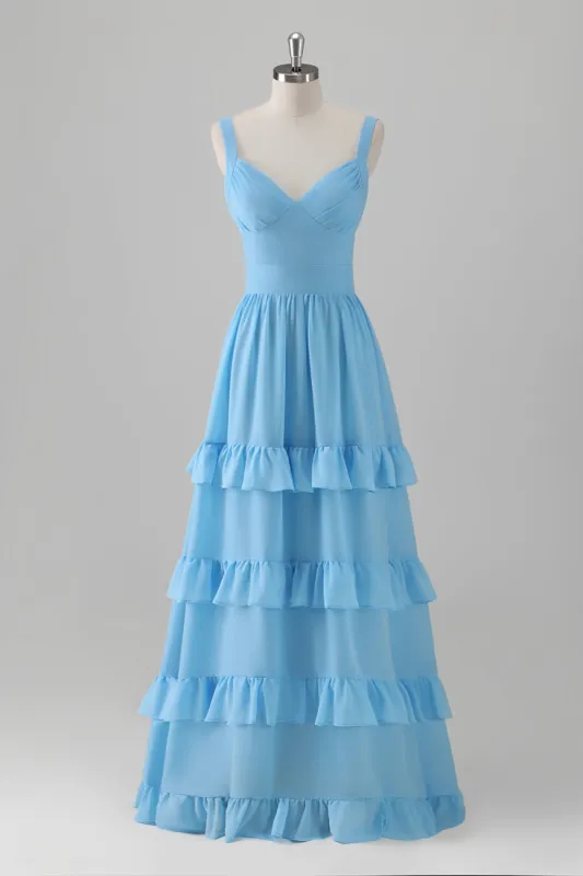 Blue A-Line V Neck Tiered Chiffon Long Bridesmaid Dress sold by Zapaka