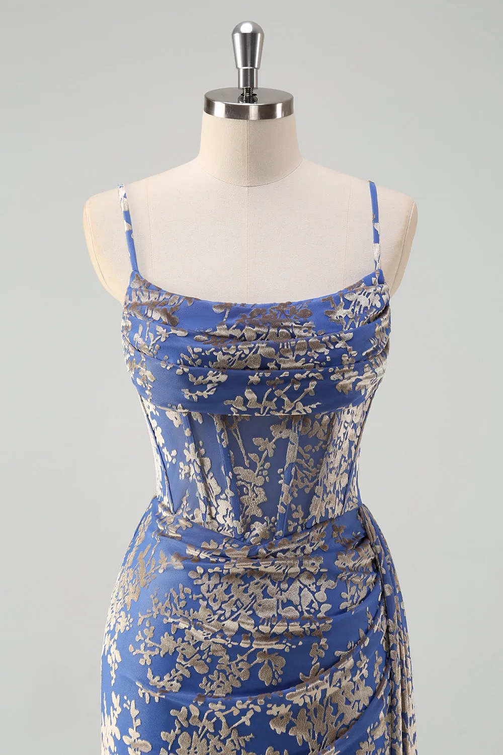 Blue Burnout Floral Mermaid Spaghetti Straps Corset Bridesmaid Dress with Slit sold by Zapaka product image thumbnail 4