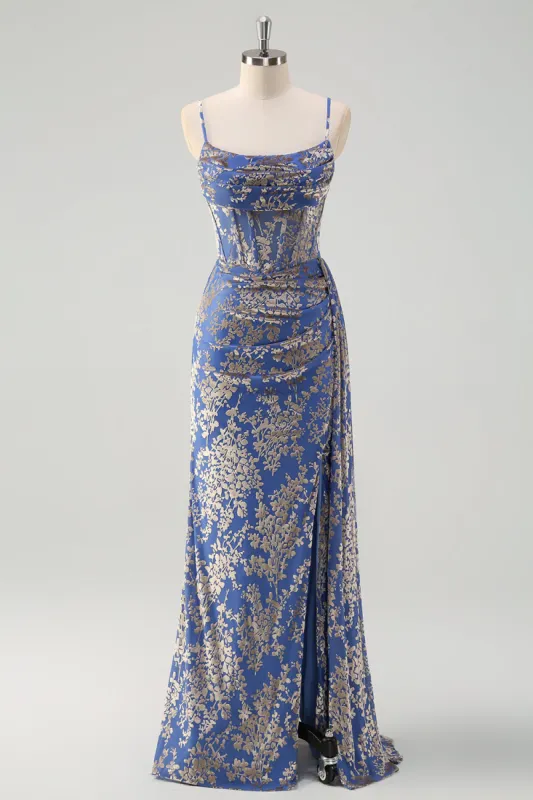 Blue Burnout Floral Mermaid Spaghetti Straps Corset Bridesmaid Dress with Slit sold by Zapaka