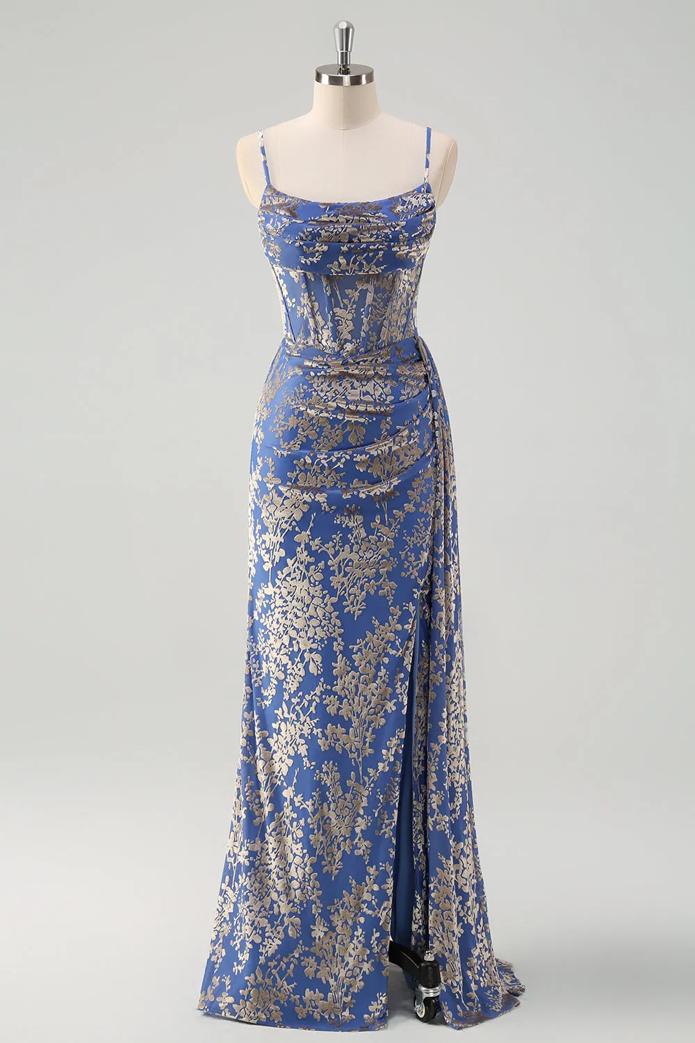 Blue Burnout Floral Mermaid Spaghetti Straps Corset Bridesmaid Dress with Slit sold by Zapaka