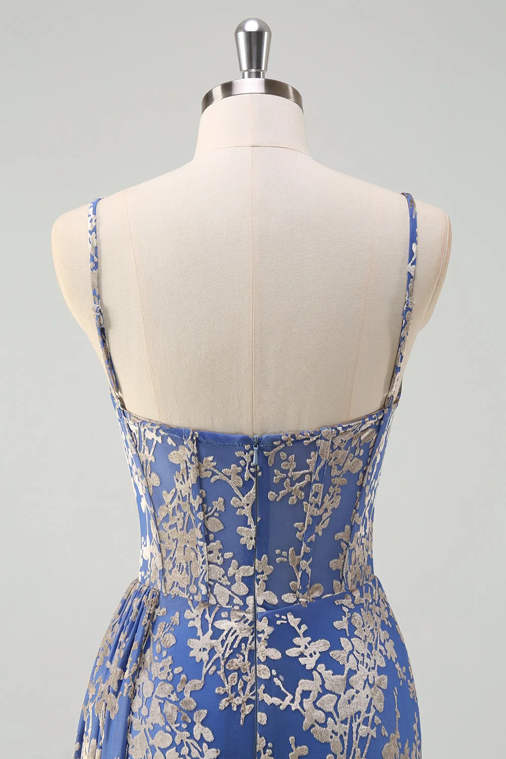 Blue Burnout Floral Mermaid Spaghetti Straps Corset Bridesmaid Dress with Slit sold by Zapaka product image thumbnail 5