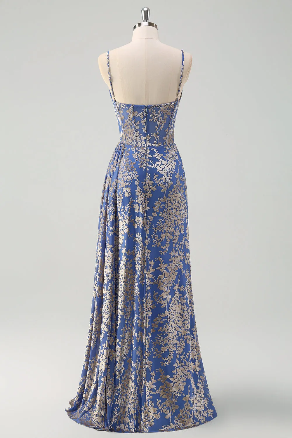 Blue Burnout Floral Mermaid Spaghetti Straps Corset Bridesmaid Dress with Slit sold by Zapaka product image thumbnail 2