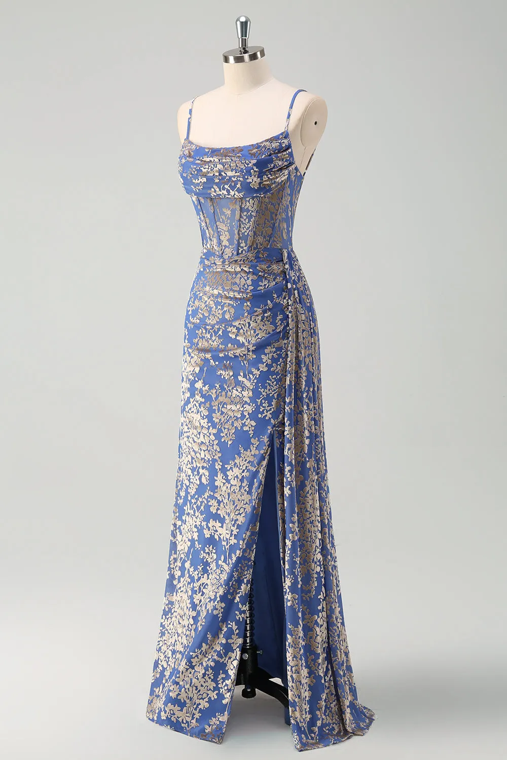 Blue Burnout Floral Mermaid Spaghetti Straps Corset Bridesmaid Dress with Slit sold by Zapaka product image thumbnail 3