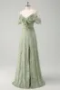 Dusty Sage A Line Cold Shoulder Velvet Jacquard Long Bridesmaid Dress with Slit sold by Zapaka