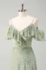 Dusty Sage A Line Cold Shoulder Velvet Jacquard Long Bridesmaid Dress with Slit sold by Zapaka
