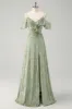 Dusty Sage A Line Cold Shoulder Velvet Jacquard Long Bridesmaid Dress with Slit sold by Zapaka