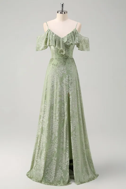 Dusty Sage A Line Cold Shoulder Velvet Jacquard Long Bridesmaid Dress with Slit sold by Zapaka