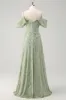 Dusty Sage A Line Cold Shoulder Velvet Jacquard Long Bridesmaid Dress with Slit sold by Zapaka
