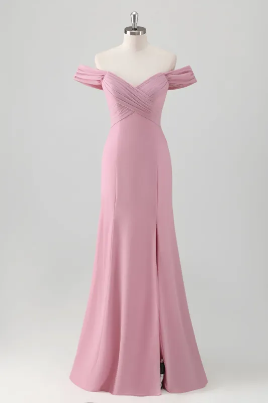 Pink Mermaid Off the Shoulder Long Bridesmaid Dress with Slit sold by Zapaka