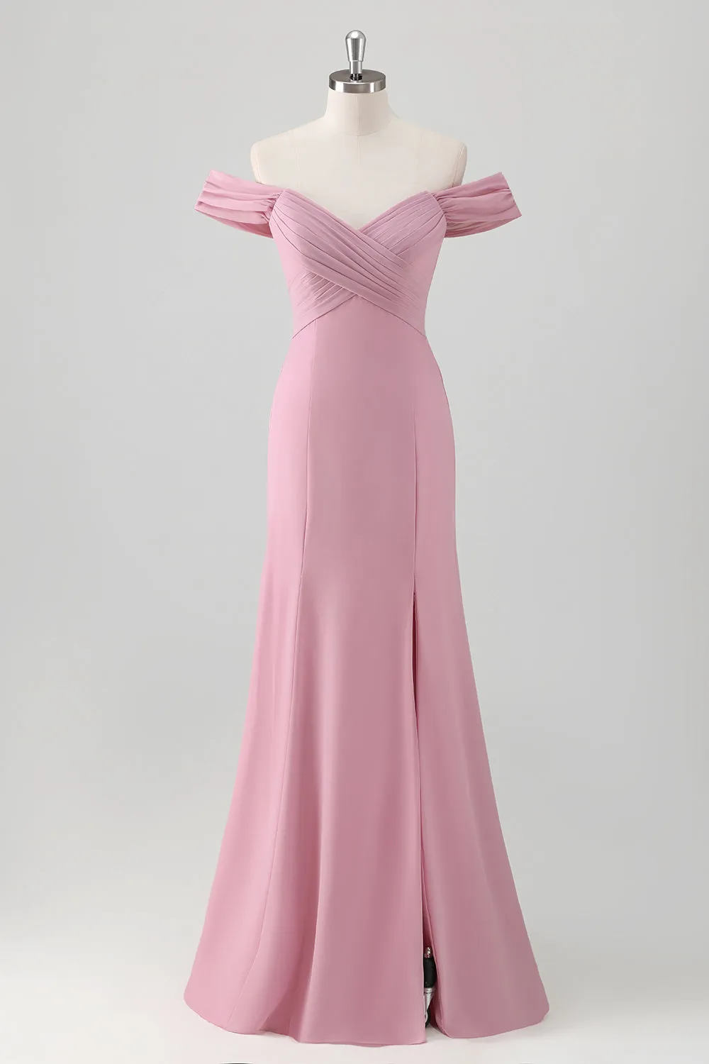 Pink Mermaid Off the Shoulder Long Bridesmaid Dress with Slit sold by Zapaka