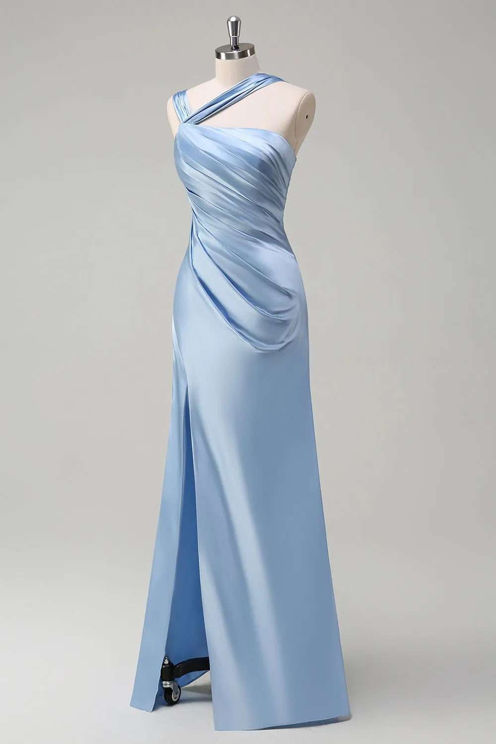 Elegant Sky Blue Sheath Pleated Satin Long Bridesmaid Dress With Slit sold by Zapaka product image thumbnail 3