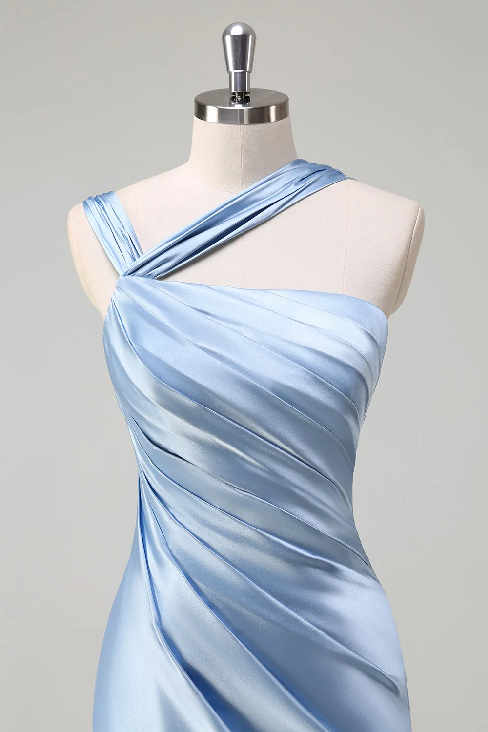 Elegant Sky Blue Sheath Pleated Satin Long Bridesmaid Dress With Slit sold by Zapaka product image thumbnail 4