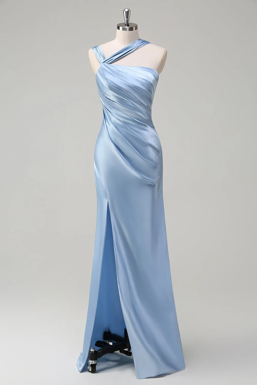 Elegant Sky Blue Sheath Pleated Satin Long Bridesmaid Dress With Slit sold by Zapaka