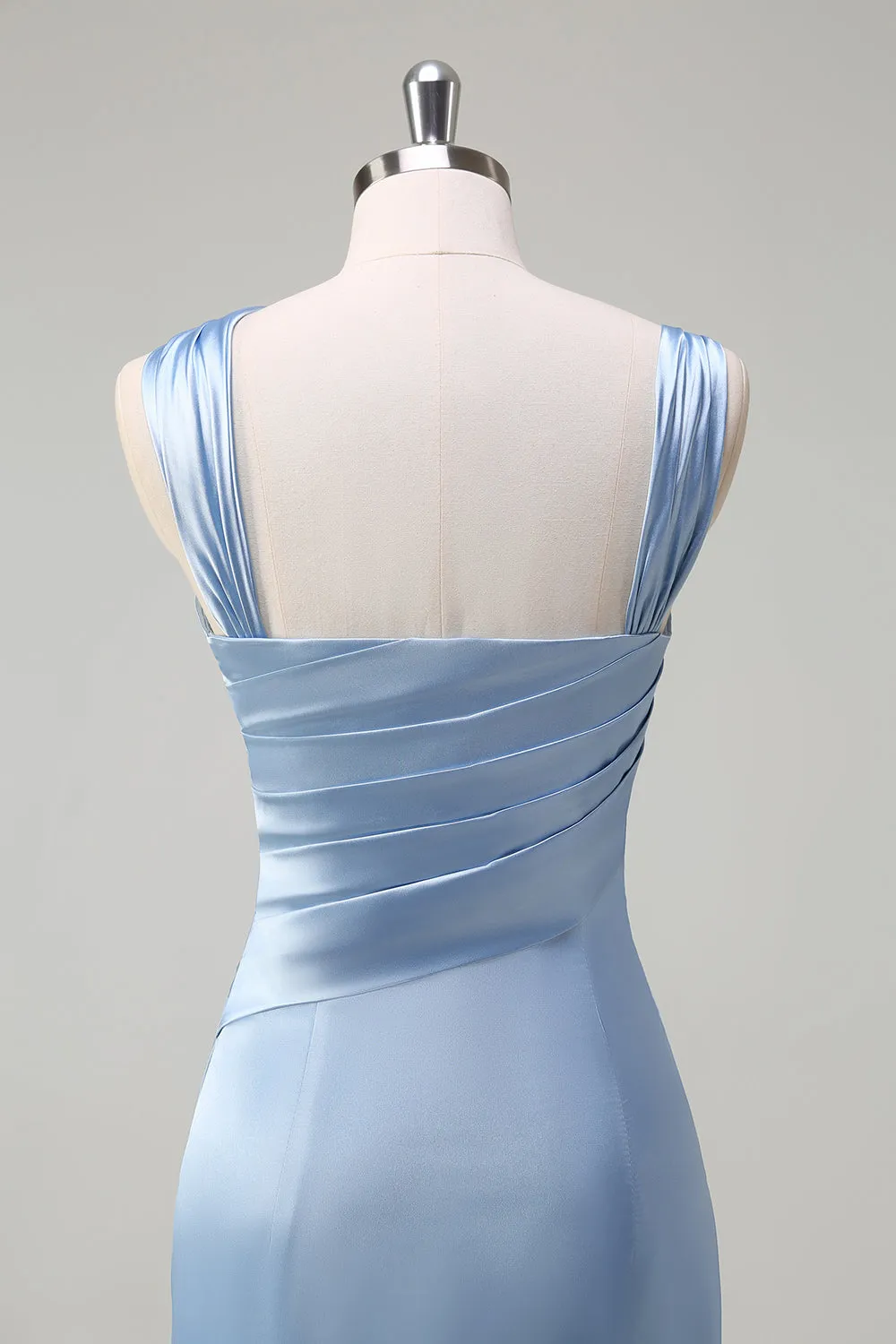 Elegant Sky Blue Sheath Pleated Satin Long Bridesmaid Dress With Slit sold by Zapaka product image thumbnail 5