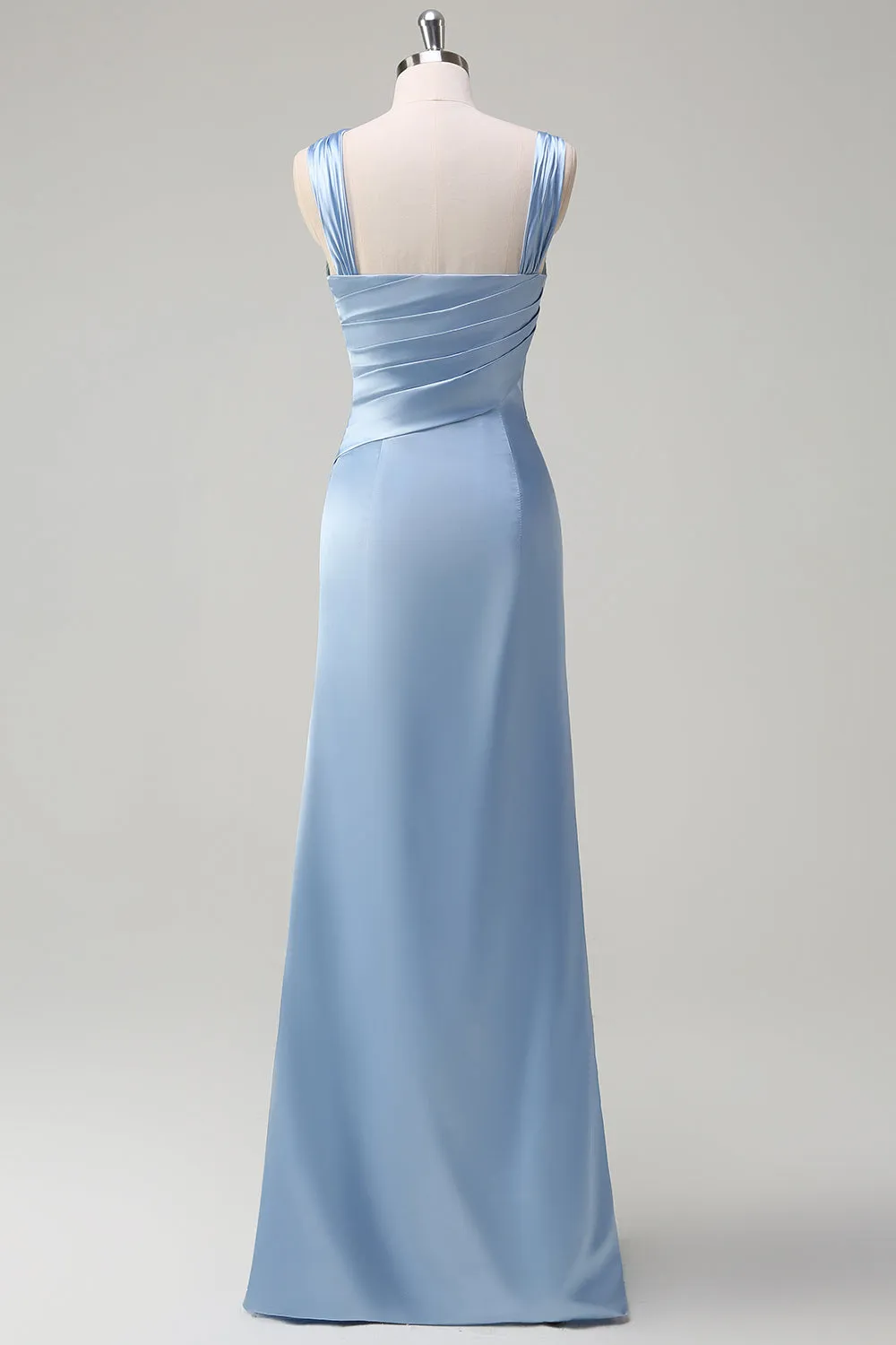Elegant Sky Blue Sheath Pleated Satin Long Bridesmaid Dress With Slit sold by Zapaka product image thumbnail 2