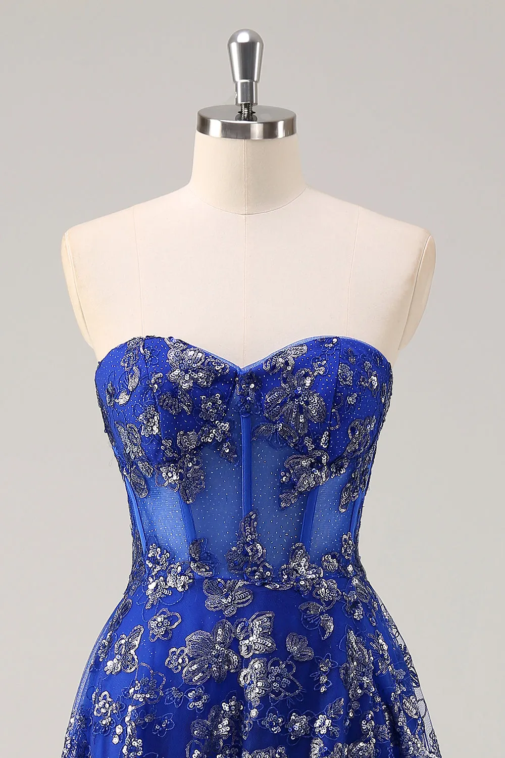Royal Blue A Line Strapless Appliques Corset Long Prom Dress with Slit sold by Zapaka product image thumbnail 4