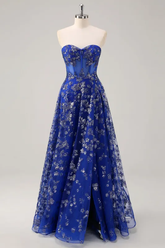 Royal Blue A Line Strapless Appliques Corset Long Prom Dress with Slit sold by Zapaka