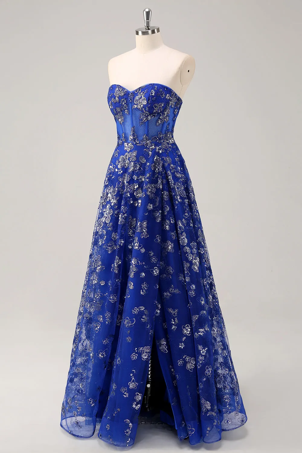 Royal Blue A Line Strapless Appliques Corset Long Prom Dress with Slit sold by Zapaka product image thumbnail 3