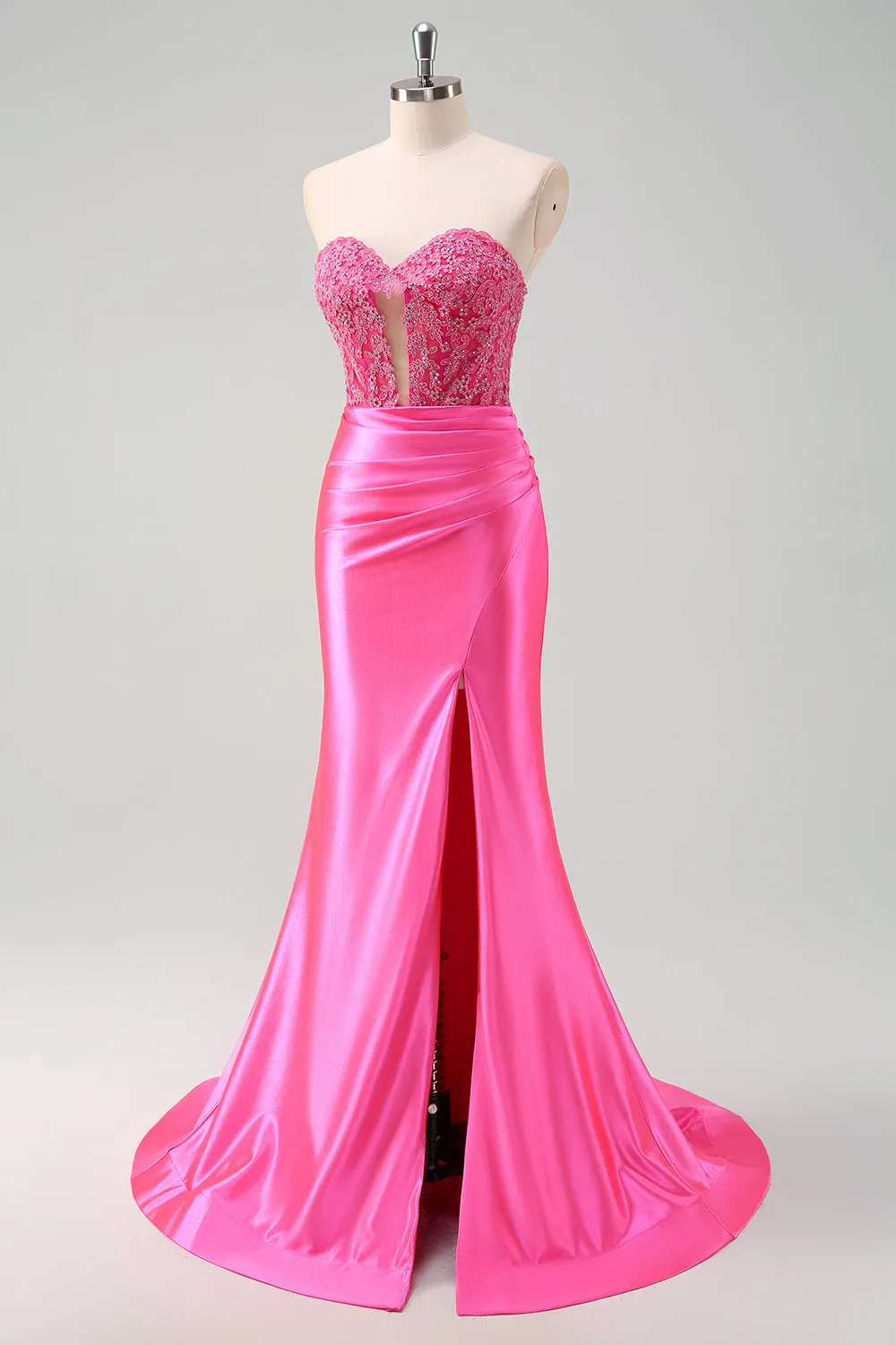 Fuchsia Sweetheart Mermaid Satin Long Corset Prom Dress with Appliques sold by Zapaka product image thumbnail 3