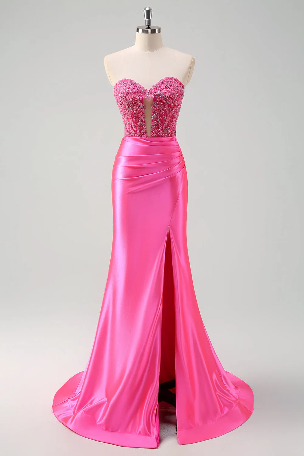 Fuchsia Sweetheart Mermaid Satin Long Corset Prom Dress with Appliques sold by Zapaka
