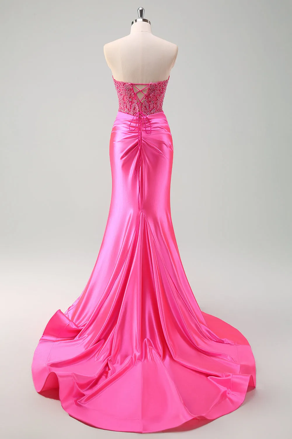 Fuchsia Sweetheart Mermaid Satin Long Corset Prom Dress with Appliques sold by Zapaka product image thumbnail 2
