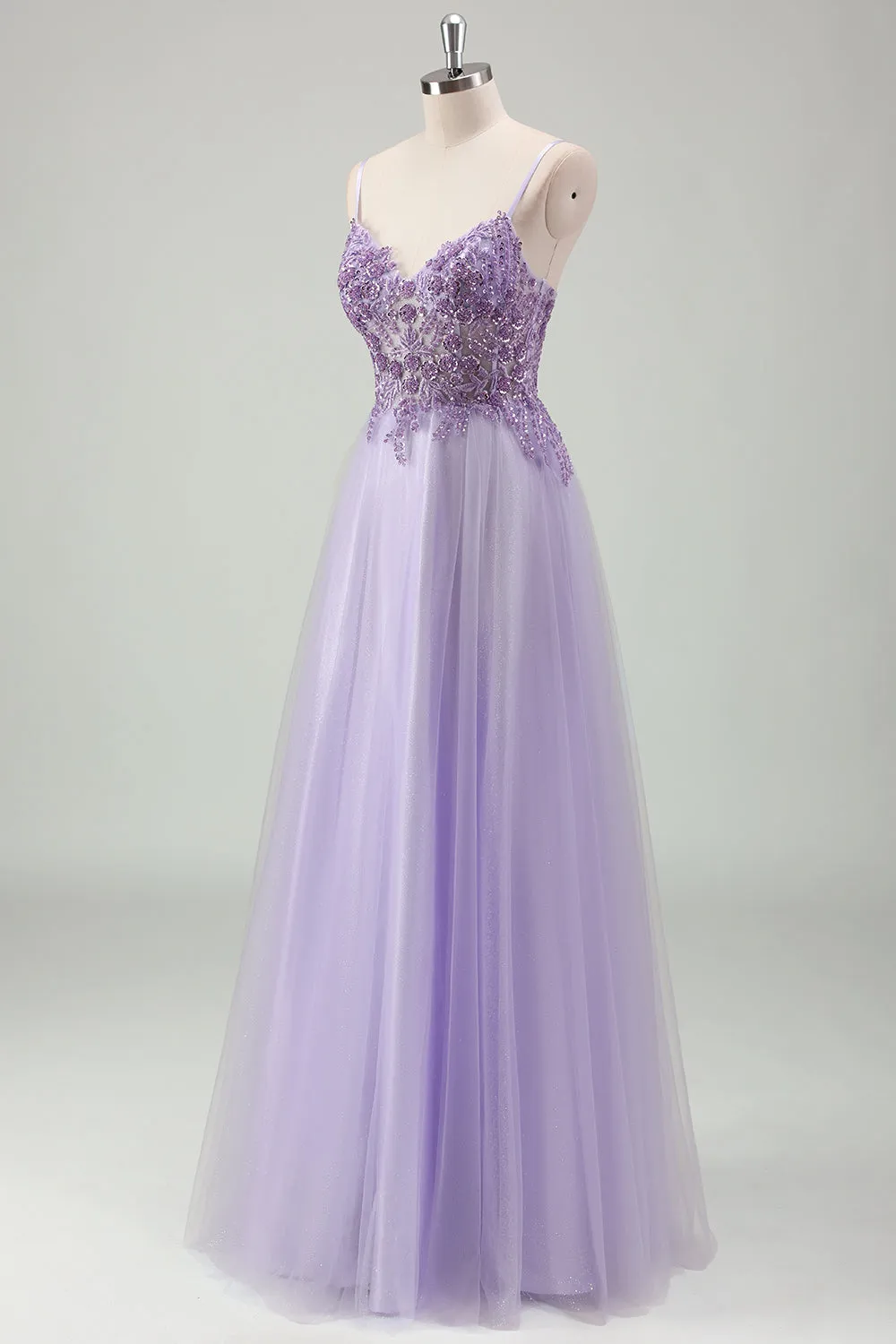 Sparkly Purple A-Line Spaghetti Straps Corset Long Prom Dress with Appliques sold by Zapaka product image thumbnail 3