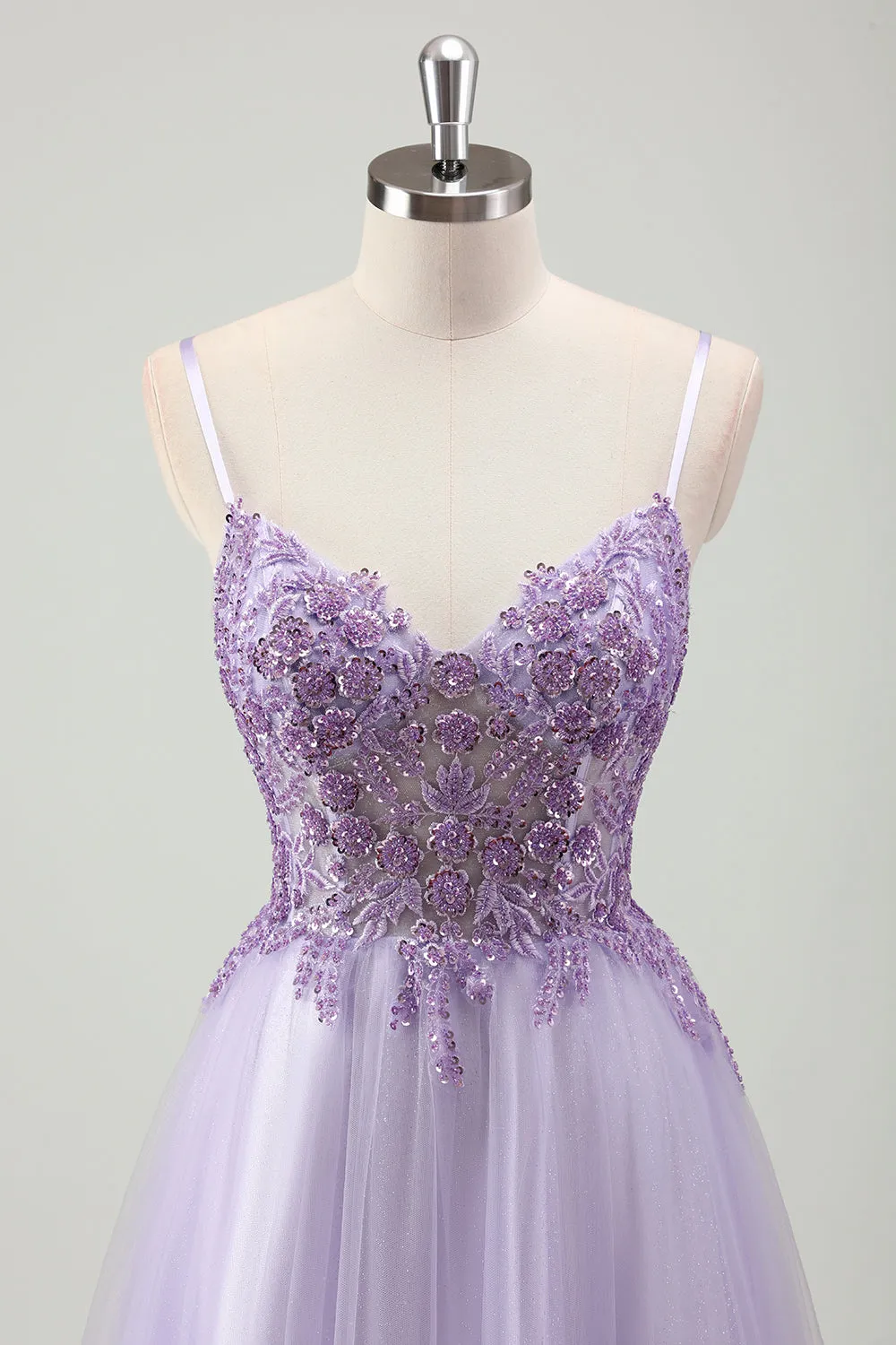 Sparkly Purple A-Line Spaghetti Straps Corset Long Prom Dress with Appliques sold by Zapaka product image thumbnail 4