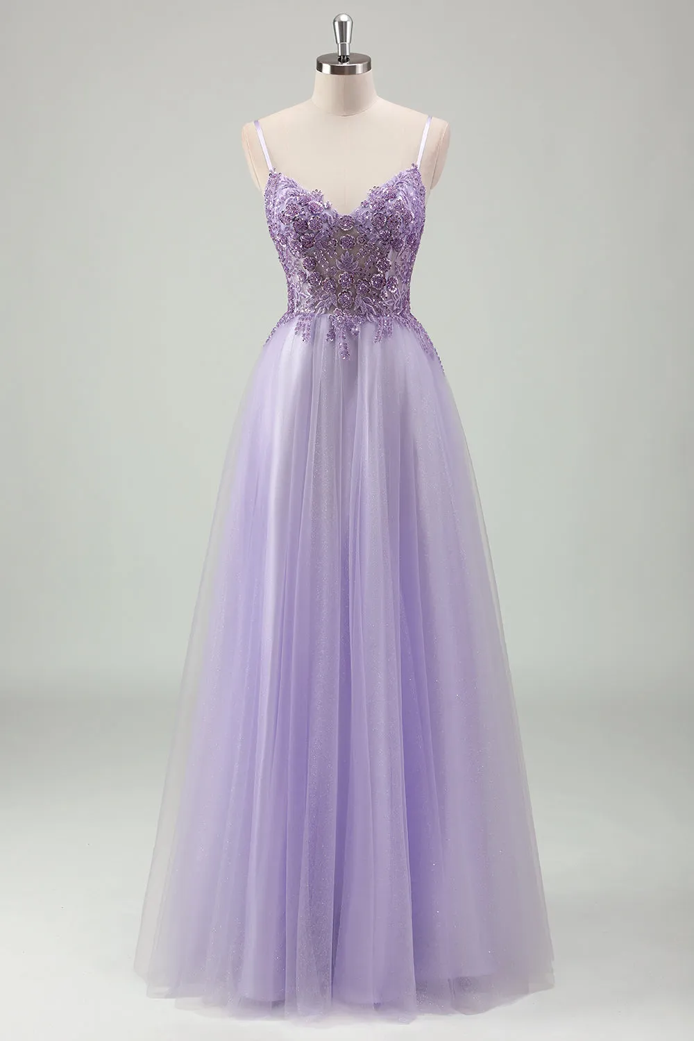 Sparkly Purple A-Line Spaghetti Straps Corset Long Prom Dress with Appliques sold by Zapaka