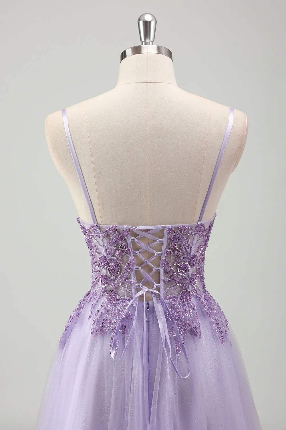 Sparkly Purple A-Line Spaghetti Straps Corset Long Prom Dress with Appliques sold by Zapaka product image thumbnail 5