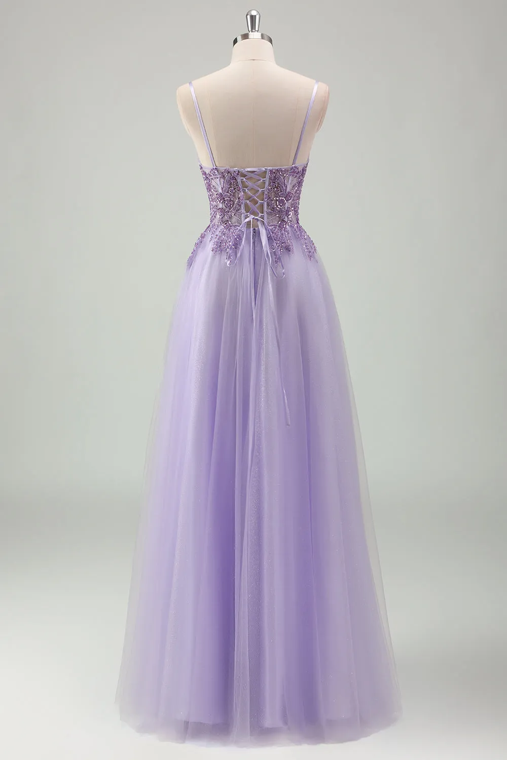 Sparkly Purple A-Line Spaghetti Straps Corset Long Prom Dress with Appliques sold by Zapaka product image thumbnail 2