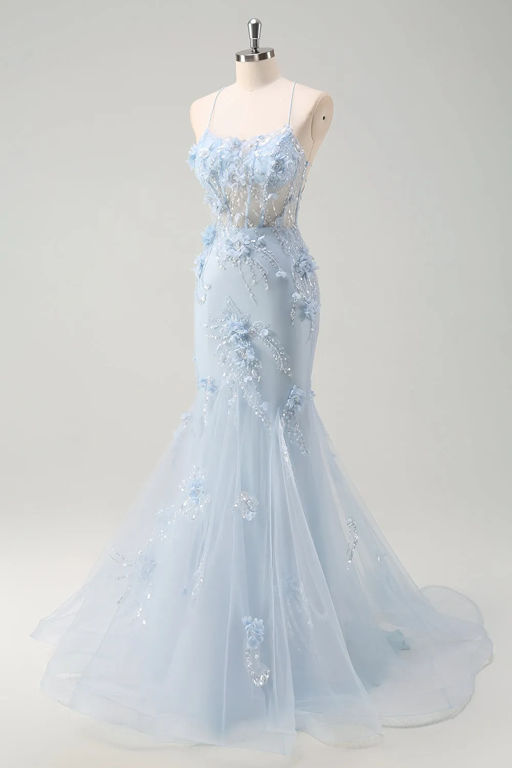 Blue Mermaid Spaghetti Straps Tulle Long Corset Prom Dress with 3D Flowers sold by Zapaka product image thumbnail 3