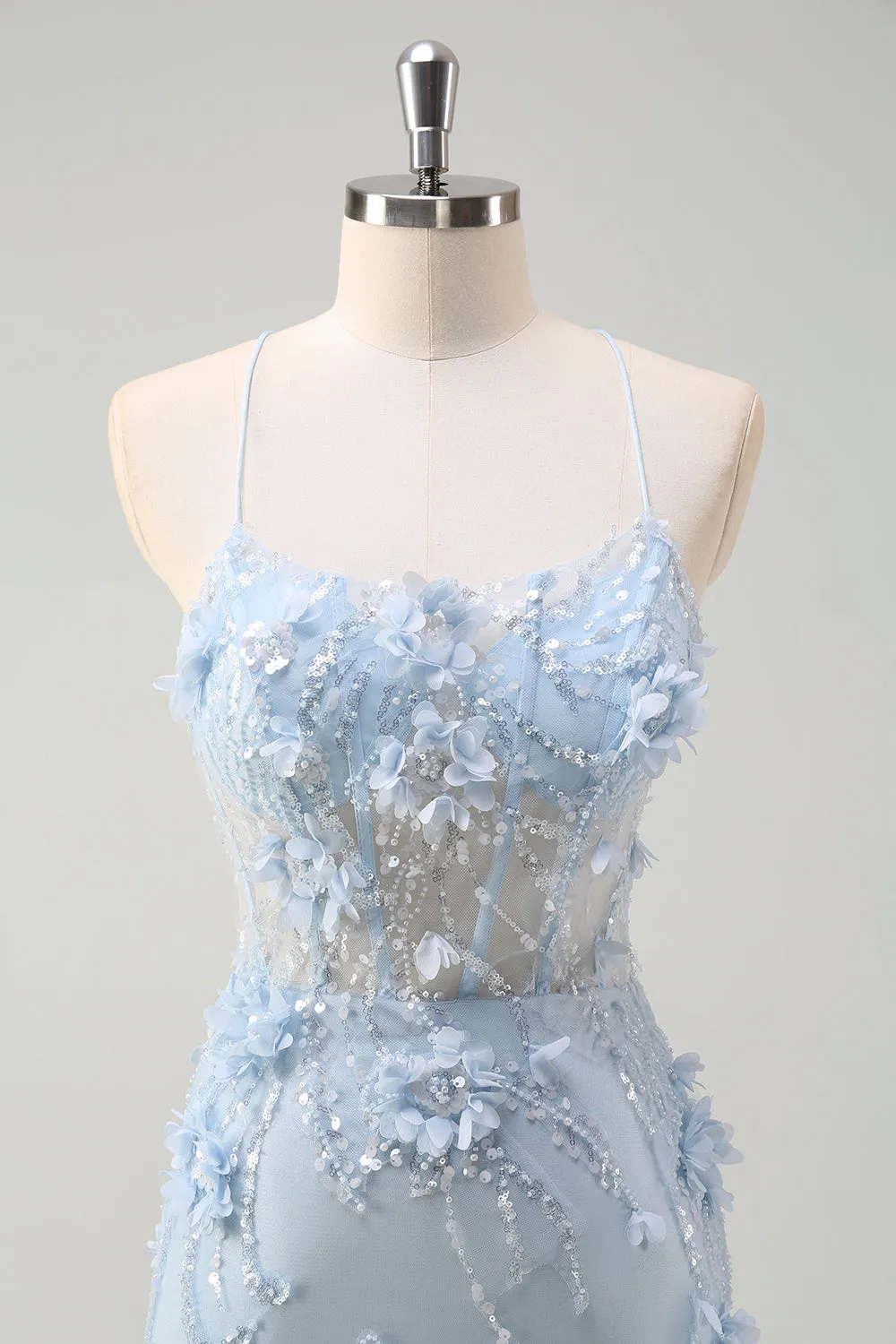 Blue Mermaid Spaghetti Straps Tulle Long Corset Prom Dress with 3D Flowers sold by Zapaka product image thumbnail 4