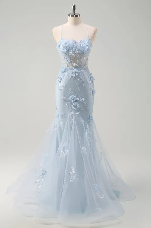 Blue Mermaid Spaghetti Straps Tulle Long Corset Prom Dress with 3D Flowers sold by Zapaka