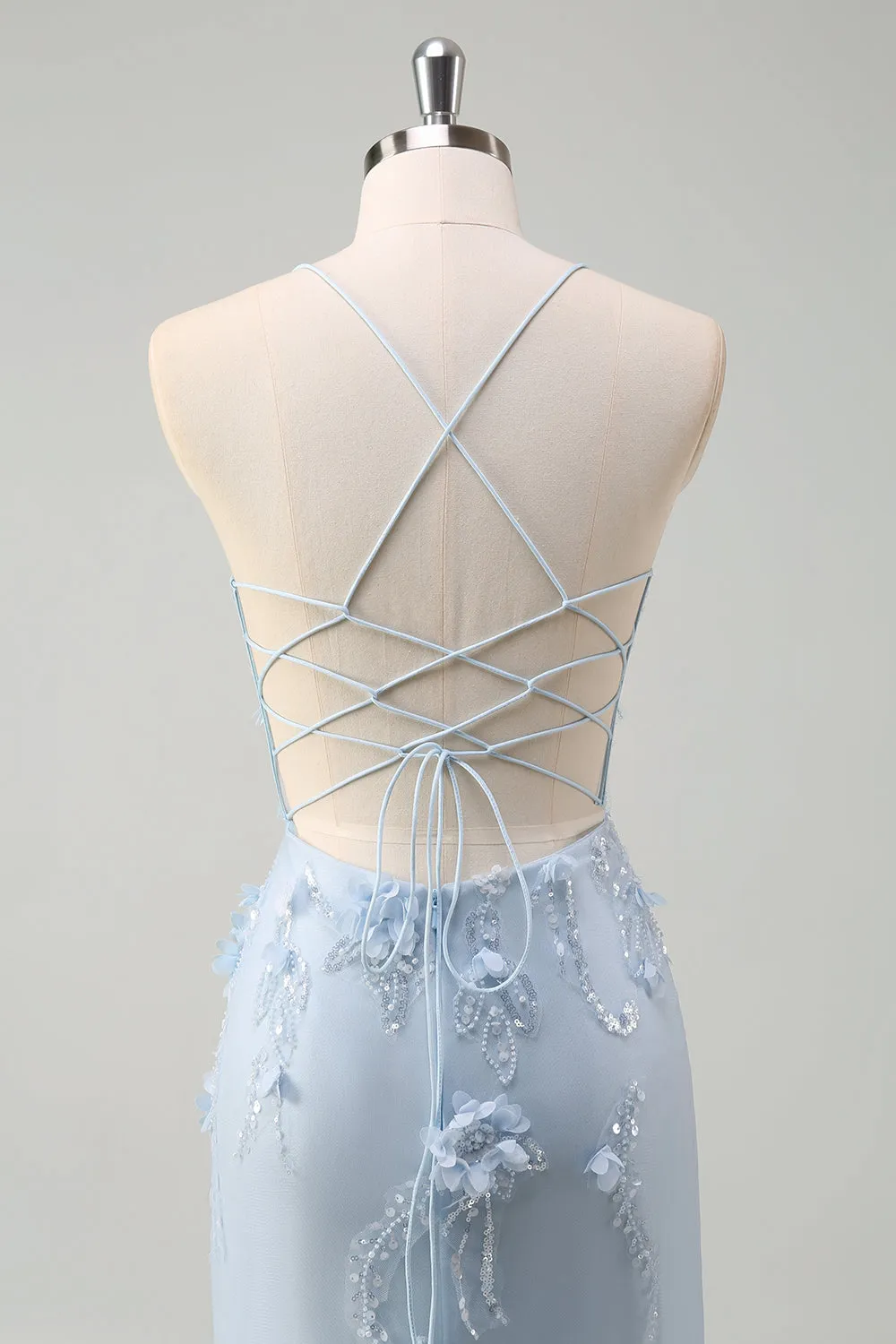 Blue Mermaid Spaghetti Straps Tulle Long Corset Prom Dress with 3D Flowers sold by Zapaka product image thumbnail 5