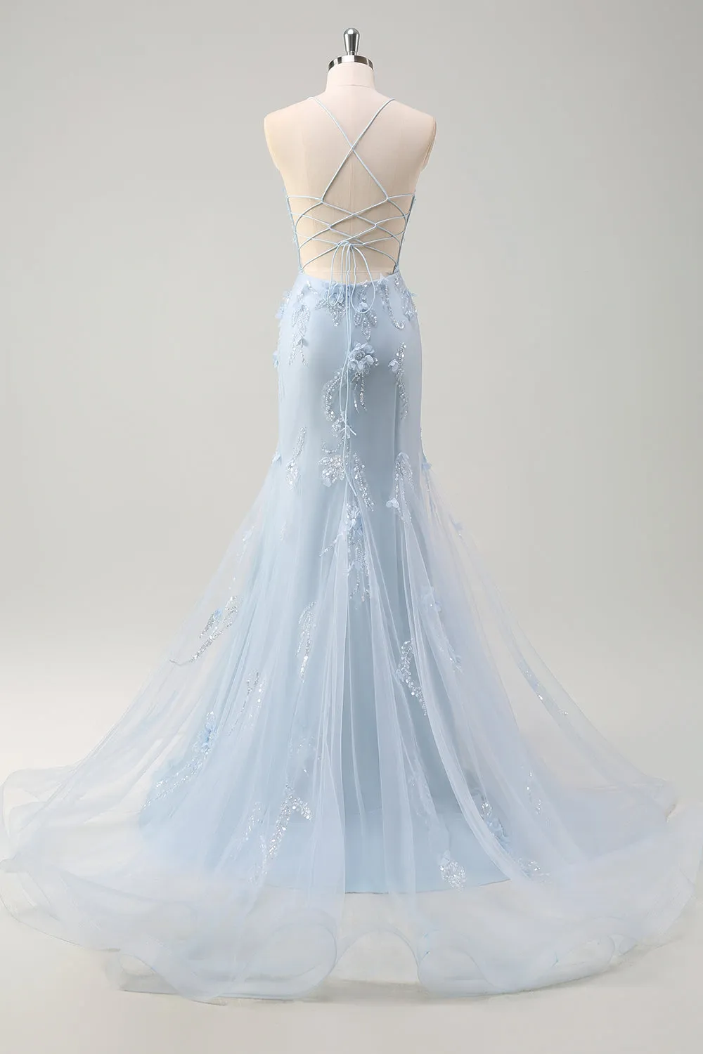 Blue Mermaid Spaghetti Straps Tulle Long Corset Prom Dress with 3D Flowers sold by Zapaka product image thumbnail 2