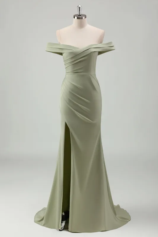 Sage Mermaid Off the Shoulder Ruched Long Prom Dress with Slit sold by Zapaka