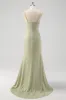 Sage Mermaid Spaghetti Straps Ruched Corset Long Prom Dress with Slit sold by Zapaka