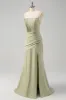 Sage Mermaid Spaghetti Straps Ruched Corset Long Prom Dress with Slit sold by Zapaka