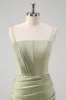 Sage Mermaid Spaghetti Straps Ruched Corset Long Prom Dress with Slit sold by Zapaka