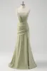 Sage Mermaid Spaghetti Straps Ruched Corset Long Prom Dress with Slit sold by Zapaka