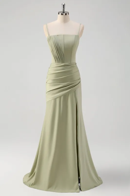 Sage Mermaid Spaghetti Straps Ruched Corset Long Prom Dress with Slit sold by Zapaka