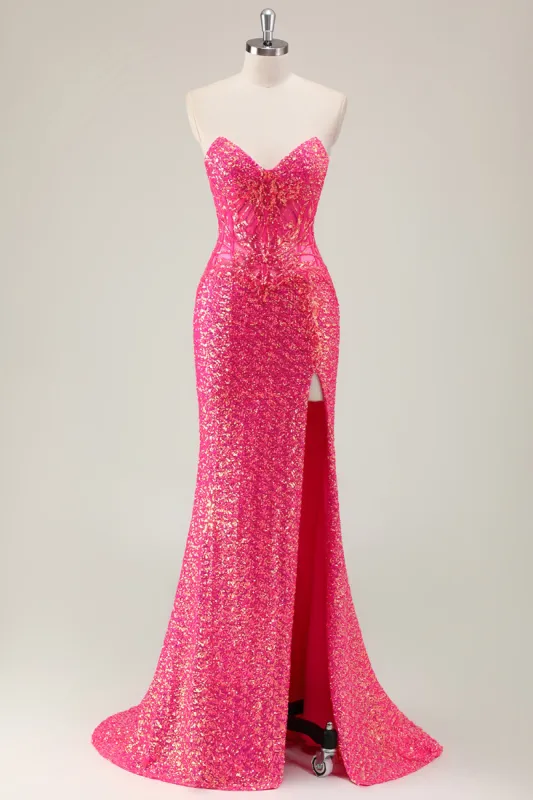 Sparkly Fuchsia Mermaid Strapless Long Prom Dress with Slit sold by Zapaka