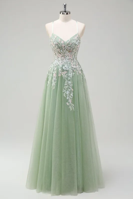 Sage A-Line Spaghetti Straps Tulle Long Prom Dress with Appliques sold by Zapaka