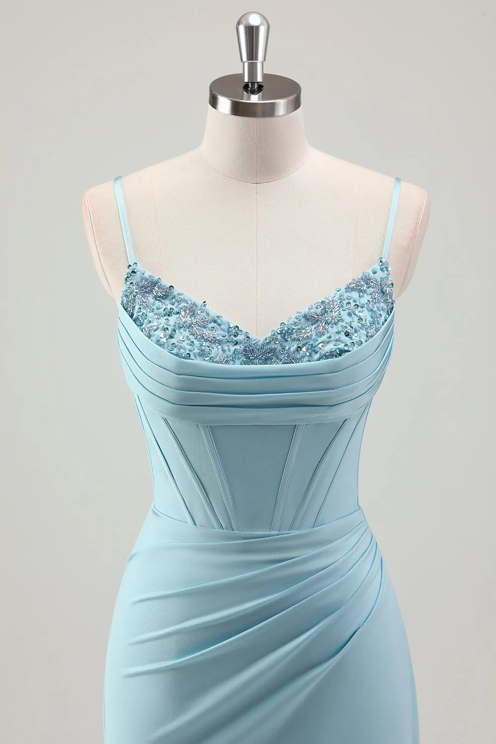 Blue Mermaid Spaghetti Straps Satin Long Corset Prom Dress with Beading sold by Zapaka product image thumbnail 4