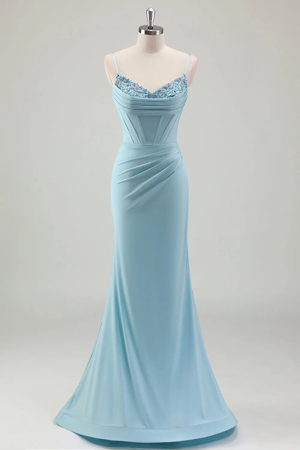 Blue Mermaid Spaghetti Straps Satin Long Corset Prom Dress with Beading sold by Zapaka