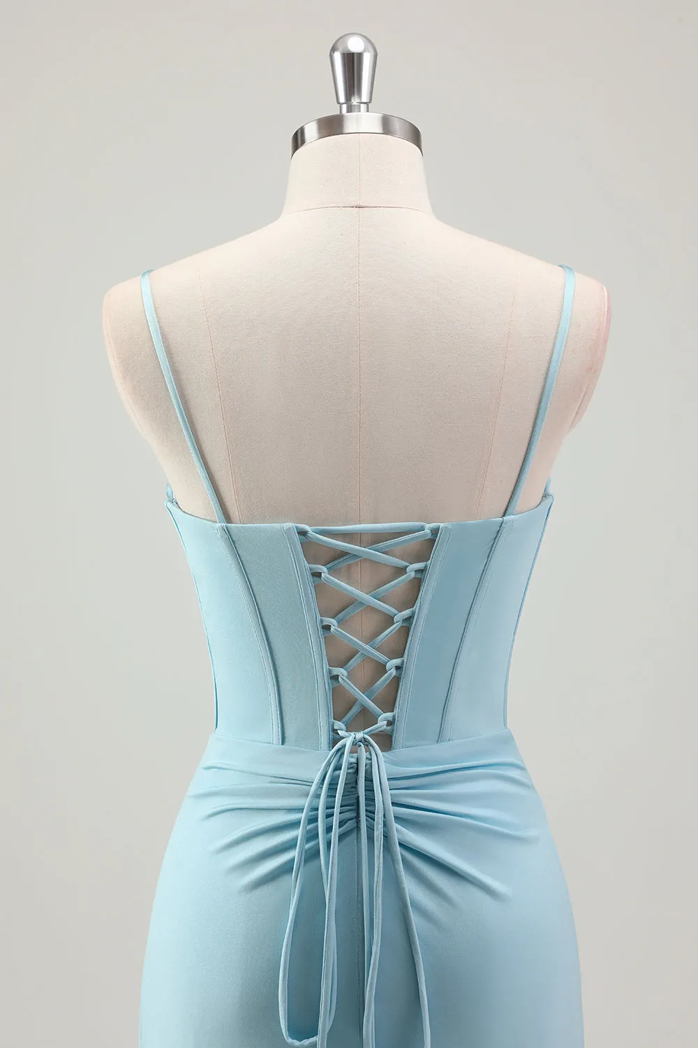 Blue Mermaid Spaghetti Straps Satin Long Corset Prom Dress with Beading sold by Zapaka product image thumbnail 5