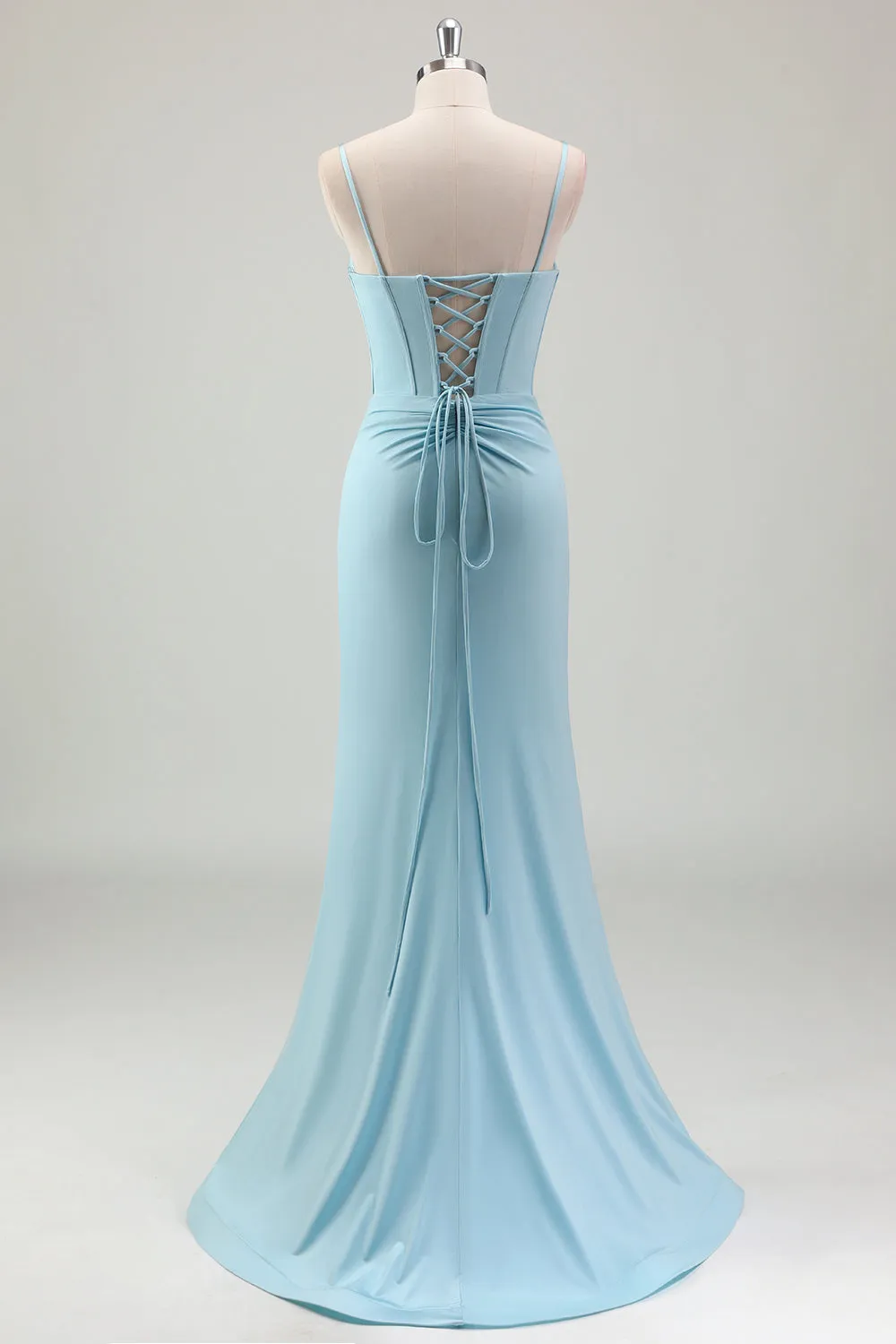 Blue Mermaid Spaghetti Straps Satin Long Corset Prom Dress with Beading sold by Zapaka product image thumbnail 2